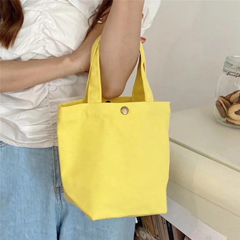 

New Handbags Solid Candy Color Canvas Tote Bag Lunch Bag Food Fashion Portable Small Lunchbox Bag With Copper Buckle