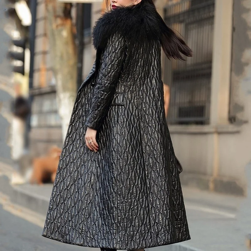 Genuine Women Leather Overcoat Fashion Embroidery Plaid Removable Wool Collar Slim Fit Sheepskin Coat Winter Elegant Long Jacket