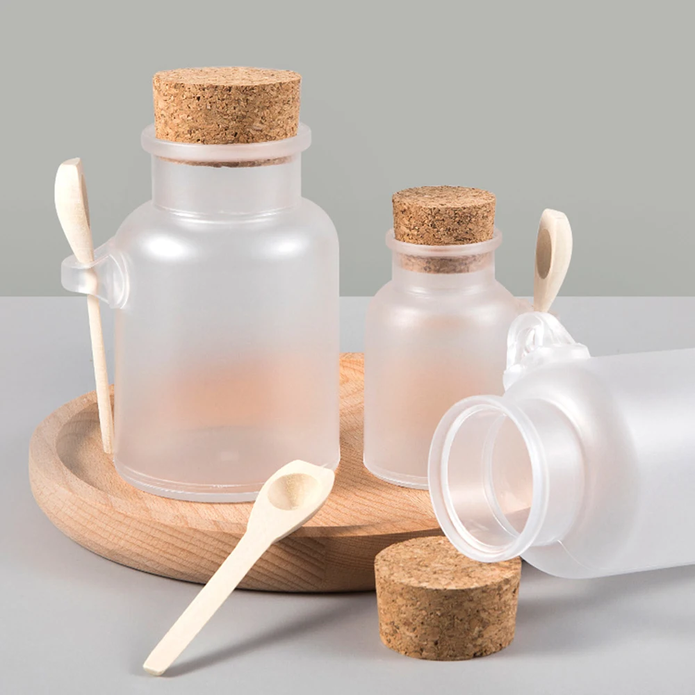 100/200/300/500ml Scrub Bath Salt Bottle Sealed Jar Wooden Spoon Soft Cork Storage Stopper Bottle Refillable Mask Powder Jar Pot