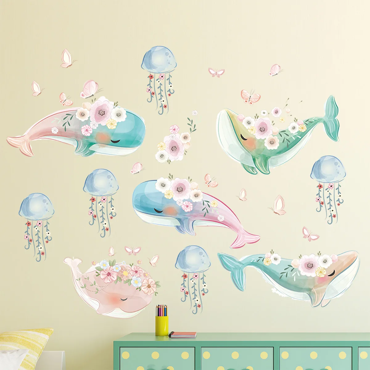 Lovely Marine Life Blue Whale Jellyfish Wall Sticker for Living Room Children\'s Room kindergarten Diydecals for kids Gift