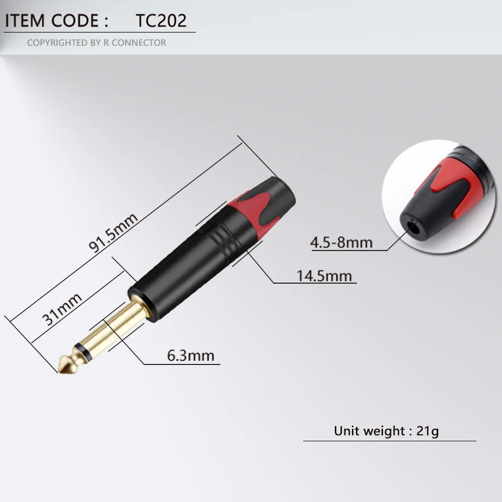 2PCS Mono Jack 6.35MM Connector 1/4 Inch 6.3MM Male Plug Soldering Wire Connector Gold Plated Brass Microphone Plug Connector