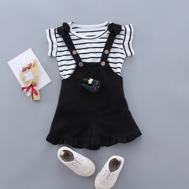 Summer Children Clothing Baby Cute  Girls Casual T-Shirts Bib Shorts 2Pcs/Set Toddler Cartoon Fashion Cotton Infant Clothes Suit