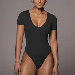 Solid Bodysuit for Women Bodycon Sexy Short Sleeve Bodies Woman V-neck Tops Autumn Winter Body Black White Brown