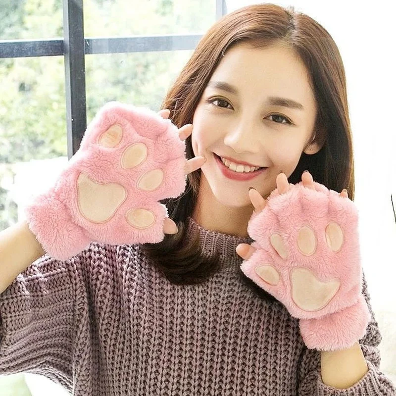 Women Cute Cat Claw Paw Plush Mittens Warm Soft Plush Short Fingerless Fluffy Bear Cat Gloves Costume Half Finger Party Gift