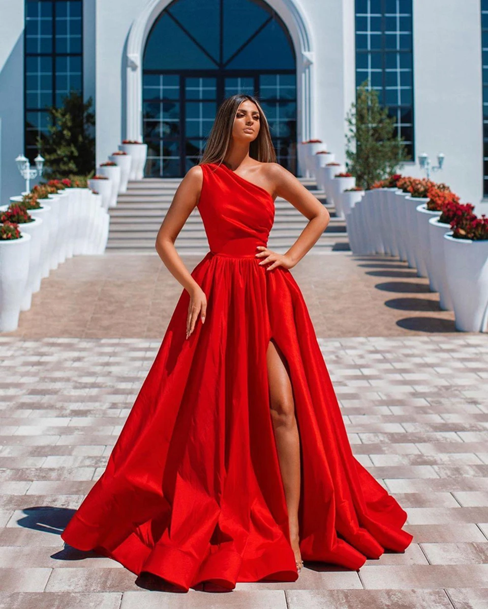 

Red One Shoulder Split Prom Dresses Women Formal Party Night Vestidos De Gala A-Line Satin Elegant Simple Long Evening Gowns