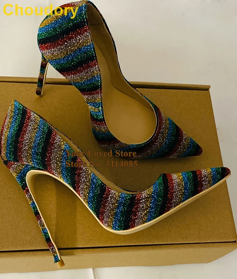 

Choudory Bling Bling Rainbow Stripe Sequined Pumps 12 10 8cm Stiletto High Heel Shallow Shoes Pointed Toe Party Shoes Size 45