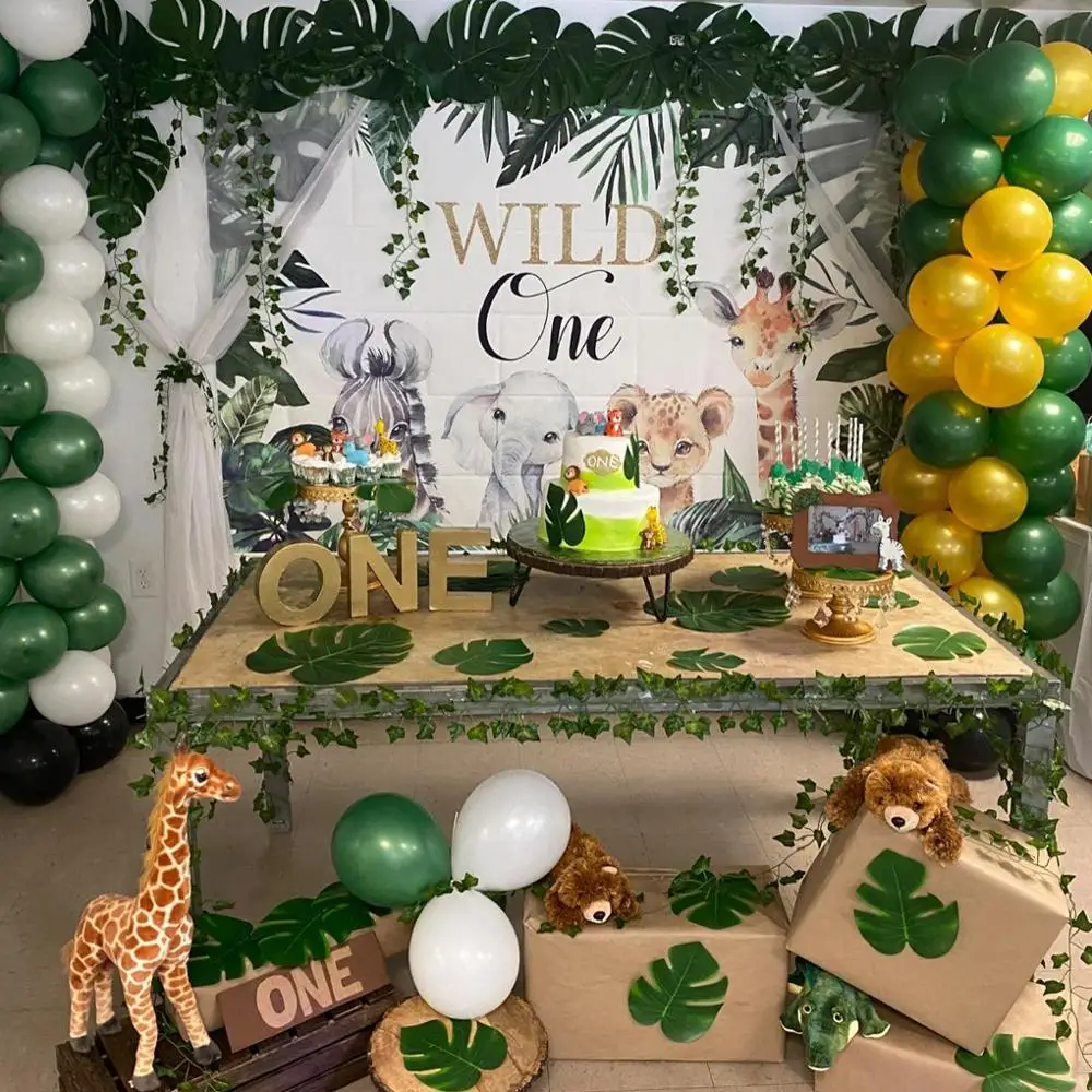 야생 한 배경 녹색 잎 사파리 동물 배경, 정글 동물 야생 한 생일 베이비 샤워 파티 배너
