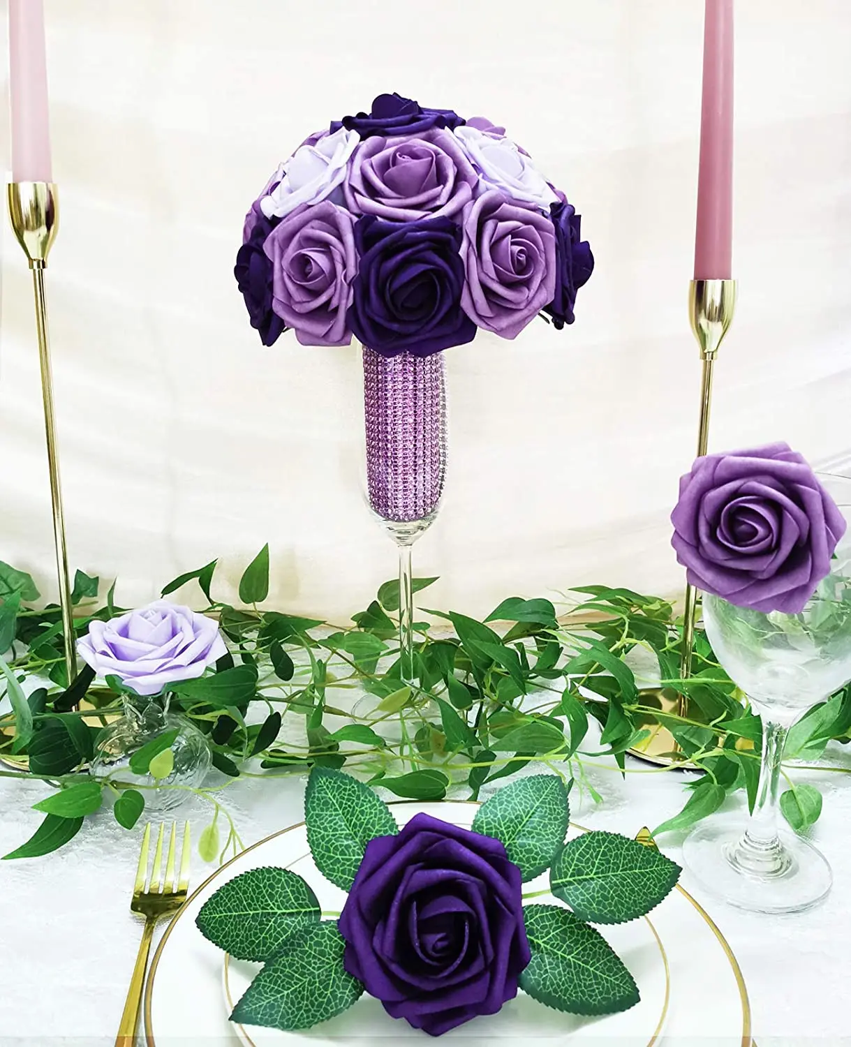 Mefier Home Artificial Flowers 25PCS Real Looking Ombre Colors Purple Fake Roses with Stem for DIY Wedding Party Home Decoration