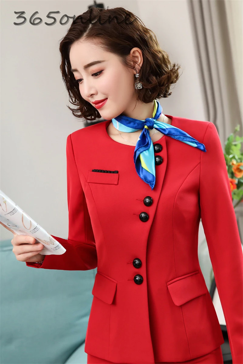 Novelty Red Formal Women Business Suits with Skirt and Jackets Coat Professional Office Ladies Blazers OL Styles with Scarf