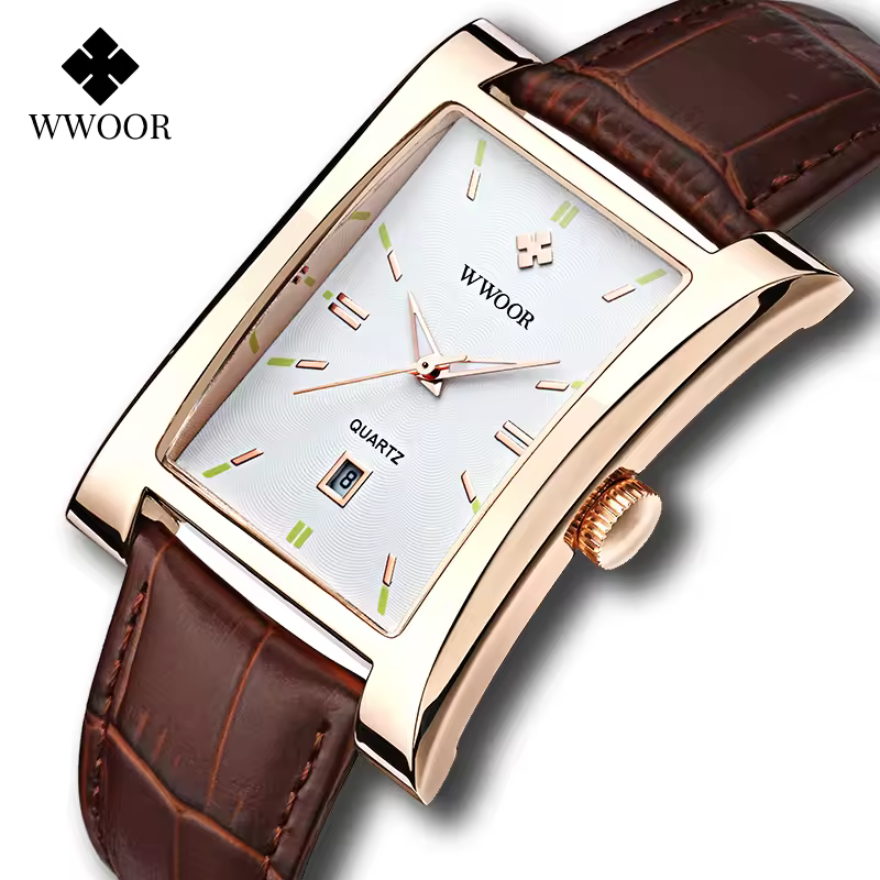 WWOOR מותג קלאסי אופנה Mens מלבן שעונים זכר זהב חום עור קוורץ עמיד למים שעון יד לגברים שעוני לוח שנה