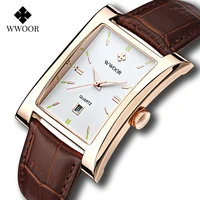 Relojes rectangulares clásicos de marca WWOOR para hombre, reloj de pulsera de cuarzo de cuero marrón dorado resistente al agua para hombre, relojes con calendario
