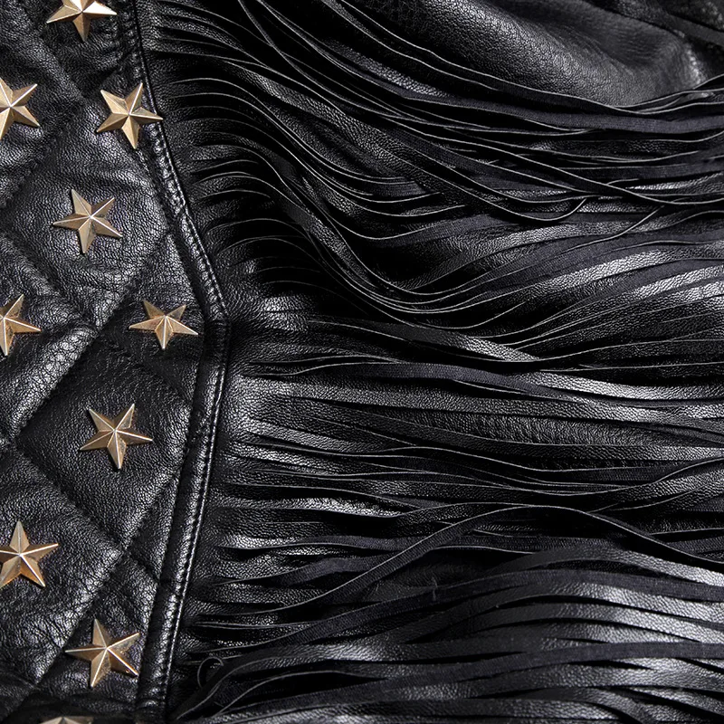 2020 New Women Biker Leather Jacket Tassels  Female PU Leather Nail Star Short Fold-down Collar Zipper Fringed Punk Coats DB199