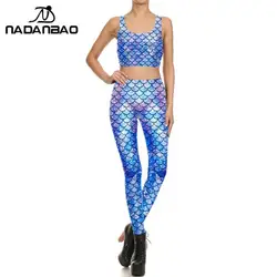 NADANBAO Elegant Mermaid Costumes Women Fitness High Waist Leggings Two-pieces Sports Tracksuits Girl Slim Sleeveless Tank Camis