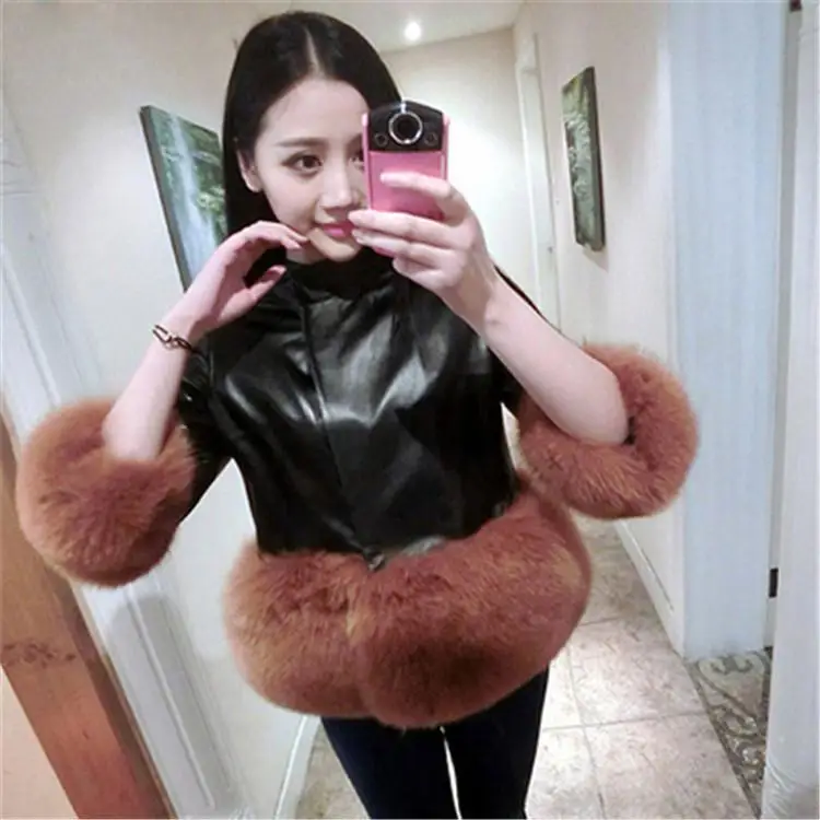 Faux Fox Fur Coat Women High Quality Luxury Short Stand Collar Splicing Fur Jacket Female Leather Coats 2024 Autumn Winter S-4XL