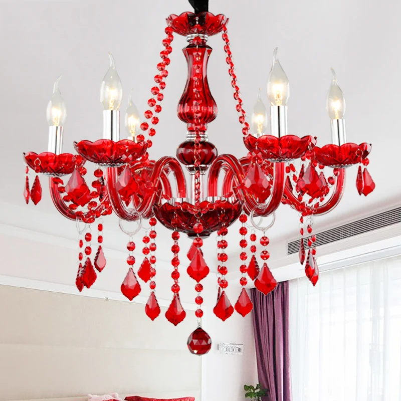 Red Wedding Chandelier Luxury Crystal Pendant Light for Foyer Bedroom Hotel Lobby Bar E14 Candle Hanging Lamps