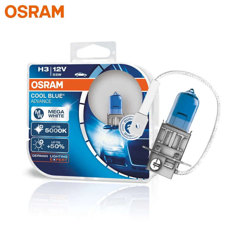 OSRAM H3 62151CBA Halogen Fog Lamps Cool Blue Advance 12V 55W Auto Original Head Light 5000K White Light +50% Brighter, Pair