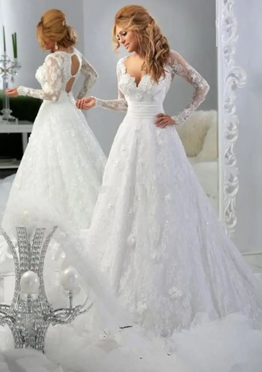 

drop shipping 2025 New custom size Long Sleeves A-line sexy White Ivory beading Lace appliques Wedding Dresses Bridal Gown