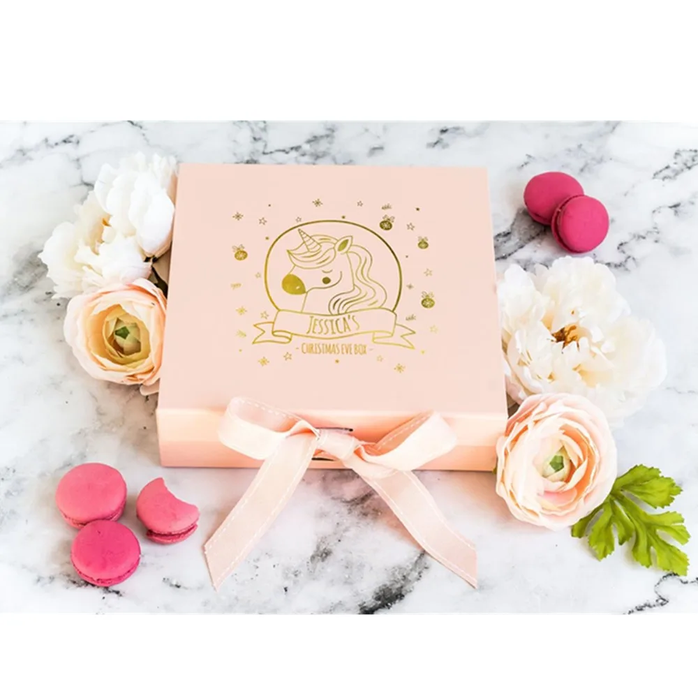 Personalized  Unicorn Christmas Eve Box  pink and  white  Christmas Box  Luxury Christmas Eve Box with Ribbon 28.5 x 29 x 8.7 cm