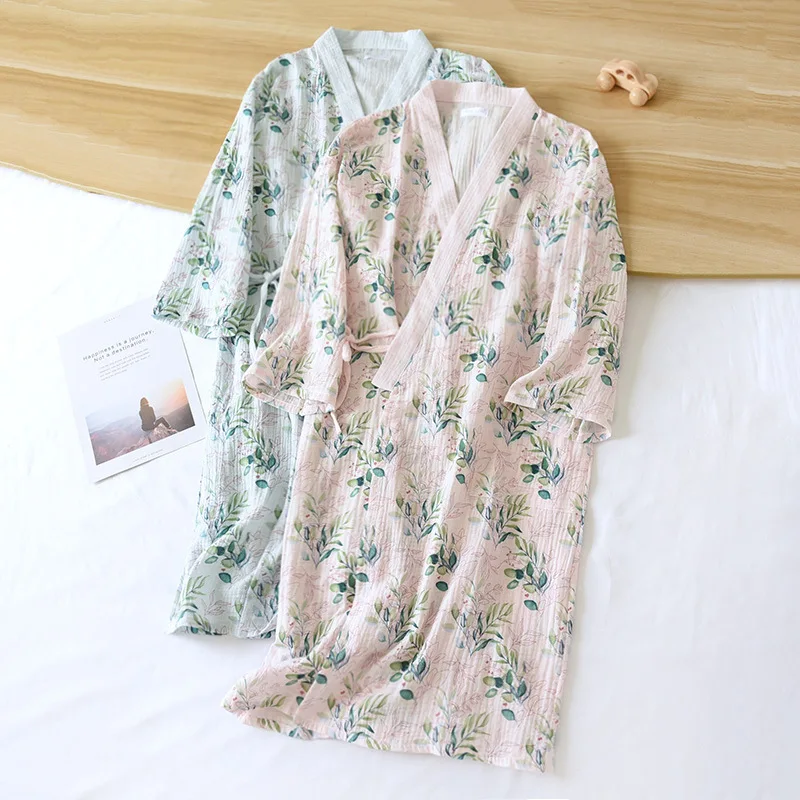 

New Women's Crepe Gauze Kimono Long Robes Long-sleeve Print Sleepwear Loose Bathrobe Home Clothes Sleep Tops Cotton Night Gown