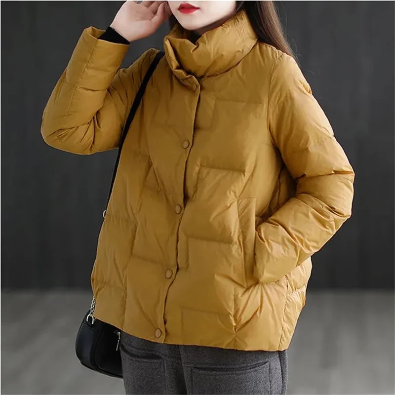 Lightweight Down Padded Cotton Jacket Women's Short Loose Winter Warm Jackets Red Stand Collar Padded Coat Female Button Pocket