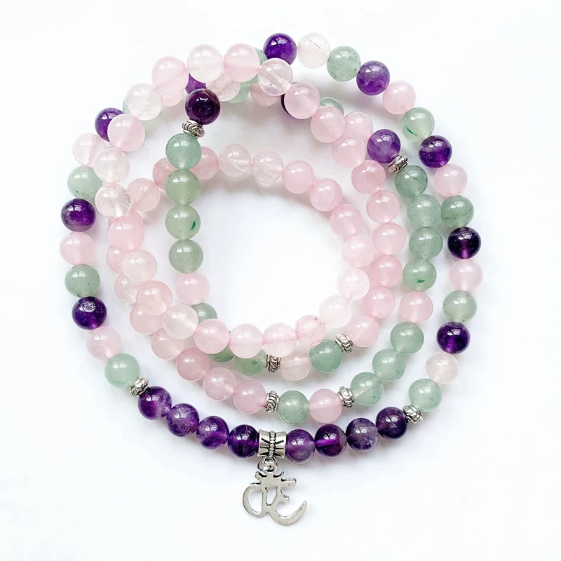 Pink Purple Quartz Natural Stone Mala Beads Meditation Bracelet for Men Woman Om Symbol Pendant Necklace