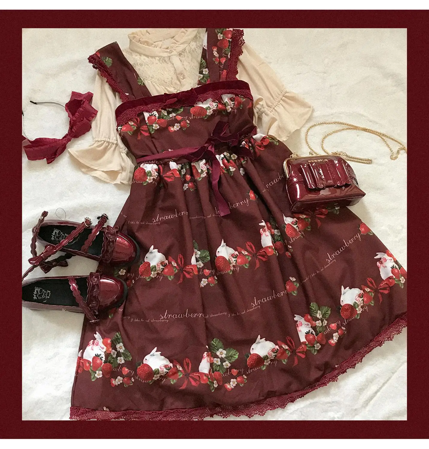 Abito dolce con cinturino lolita vintage fragola bowknot stampa carina vita alta principessa abito vittoriano kawaii ragazza gotica lolita