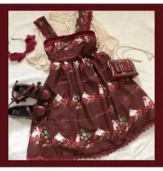 Sweet lolita strap dress vintage strawberry bowknot cute printing high waist princess victorian dress kawaii girl gothic lolita