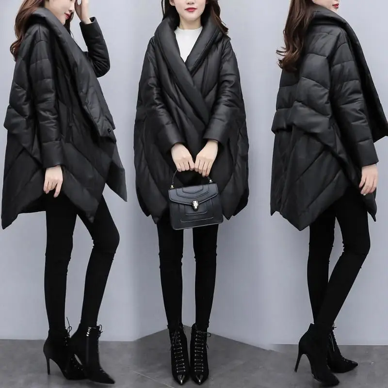 Winter New Women Thin Down Cotton Jacket Lady Fashion Black Cloak Jackets Long Sleeve Warm Coat Parka Female Portable Outwear