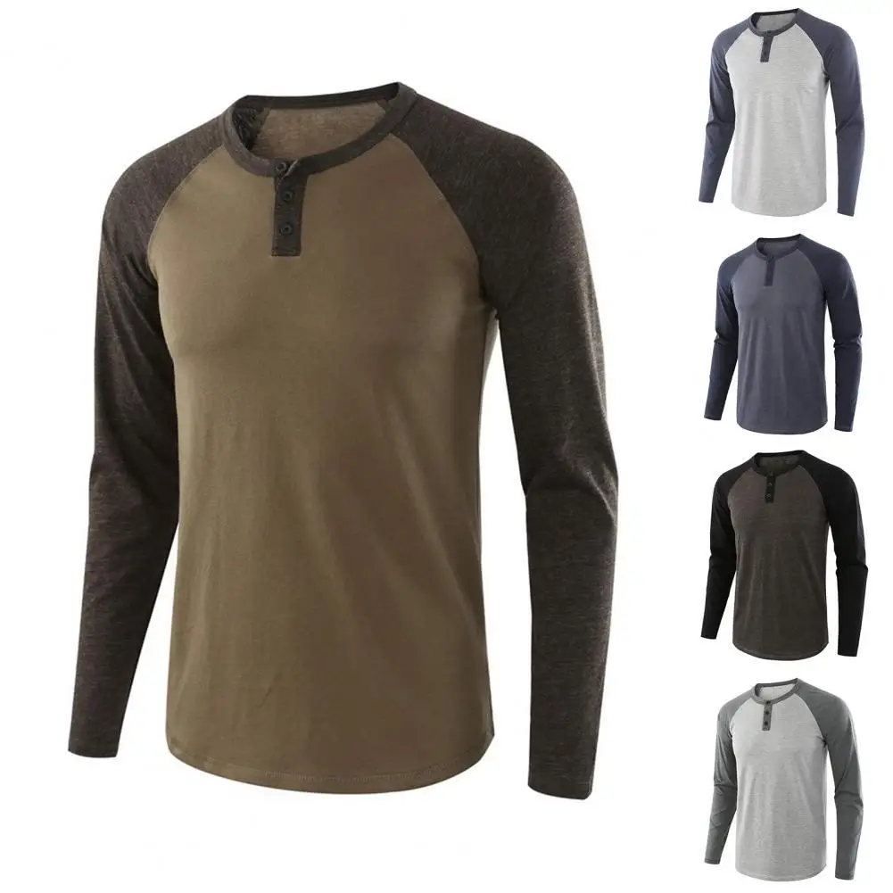 80% HOT Casual Men\'s Long-sleeved T-shirt Autumn O-neck Long Raglan Sleeves Color Matching T-shirt Button Pullover Tops