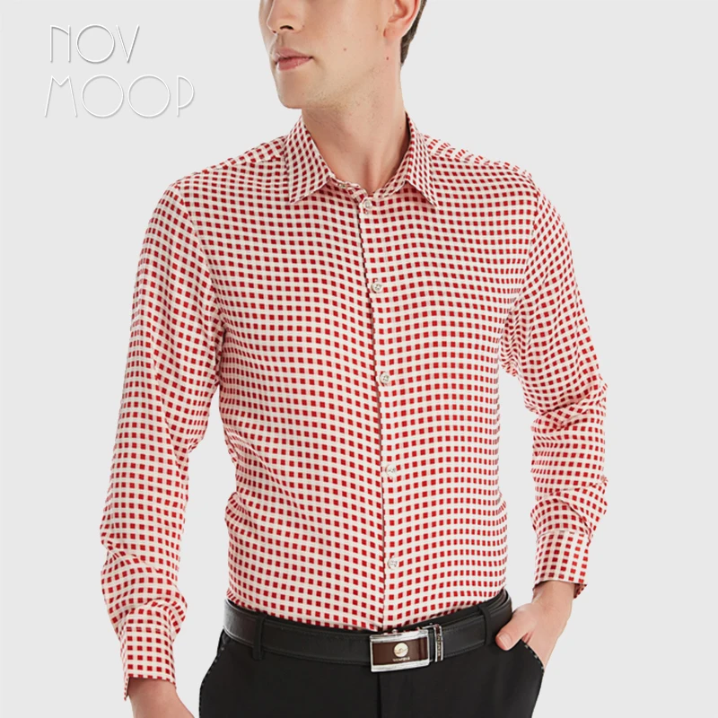 Novmoop 19mm natural silk pandex satin men's shirt high grade quality Camisa de seda para hombre small red plaid pattern LT3543