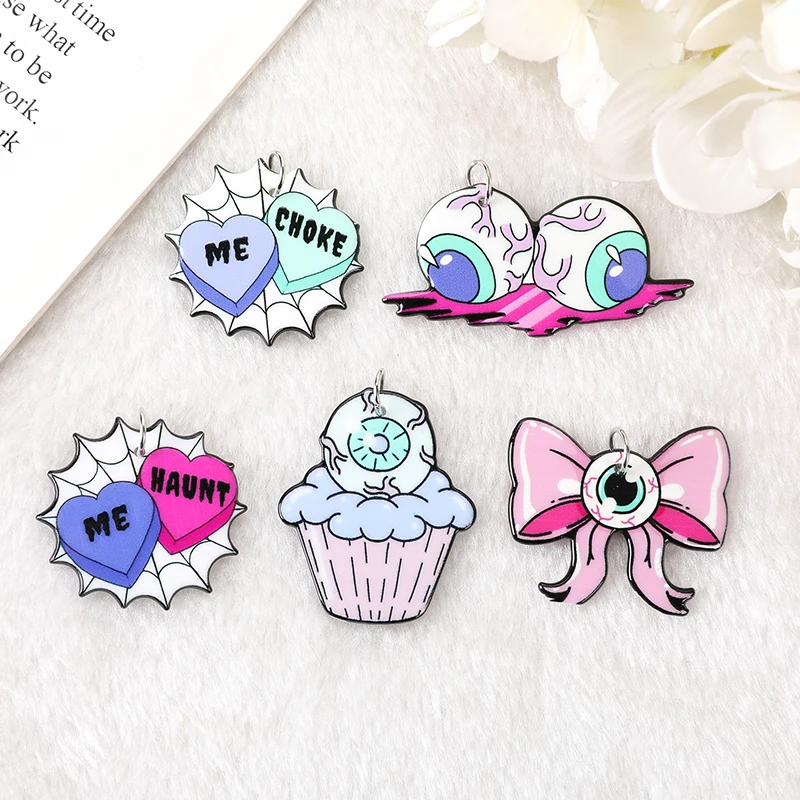 10Pcs Hollaween Acrylic Charms Spooky Bloody Eyeball Bow Cupcake Choke Me Pendant For Earring Necklace Diy Making