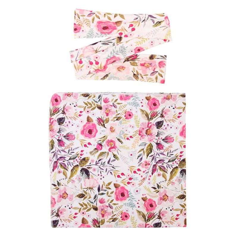 Floral Baby Wrap Photography Infant Wraps Swaddle With Headband Bebe Boy Girl Photo Blanket Soft Stretch Fabric