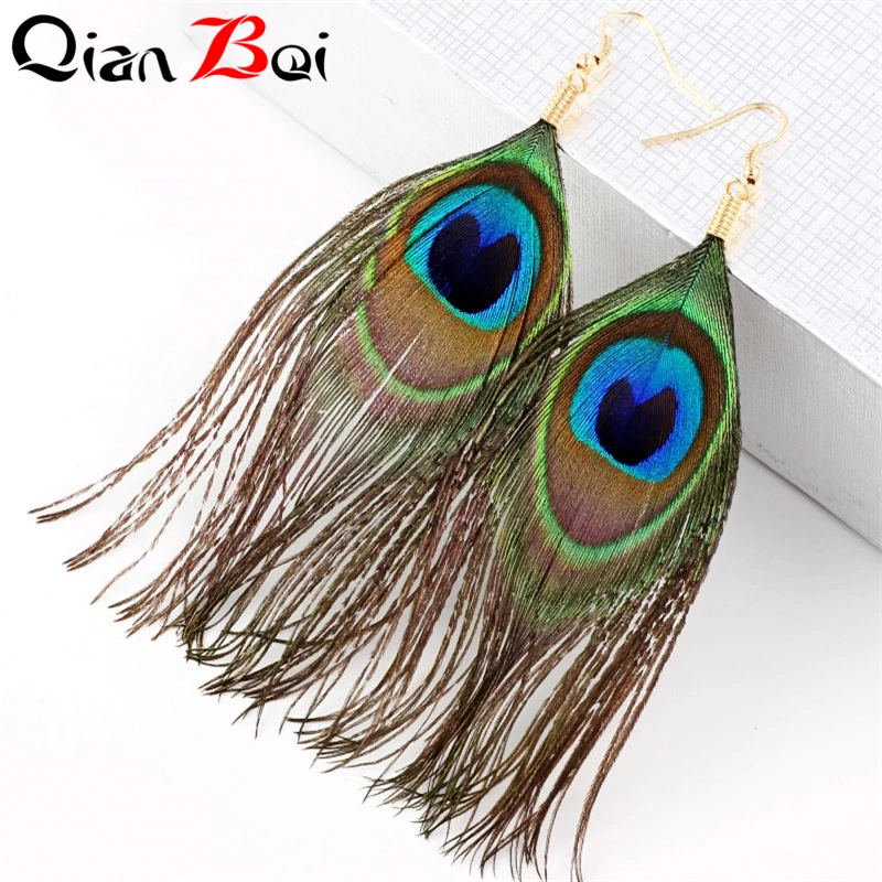 QianBei Resell Ethnic Earrings Long For Women Green Peacock Feather Drop Color Gold Hook Earring