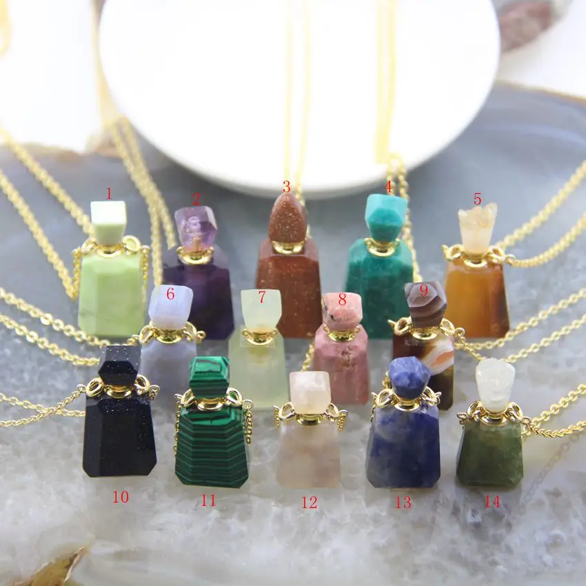 Classic Faceted Gemstone Essential Oil Diffuser Vial,Natural Crystal Quartz Perfume Bottle Pendant Necklace Jewelry Charms Gifts