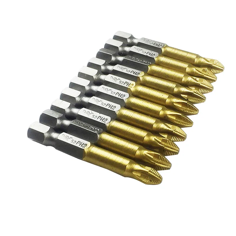 10/5pcs Titanium Coated PH2 Slip Bits Electric Screwdriver Bits 1/4