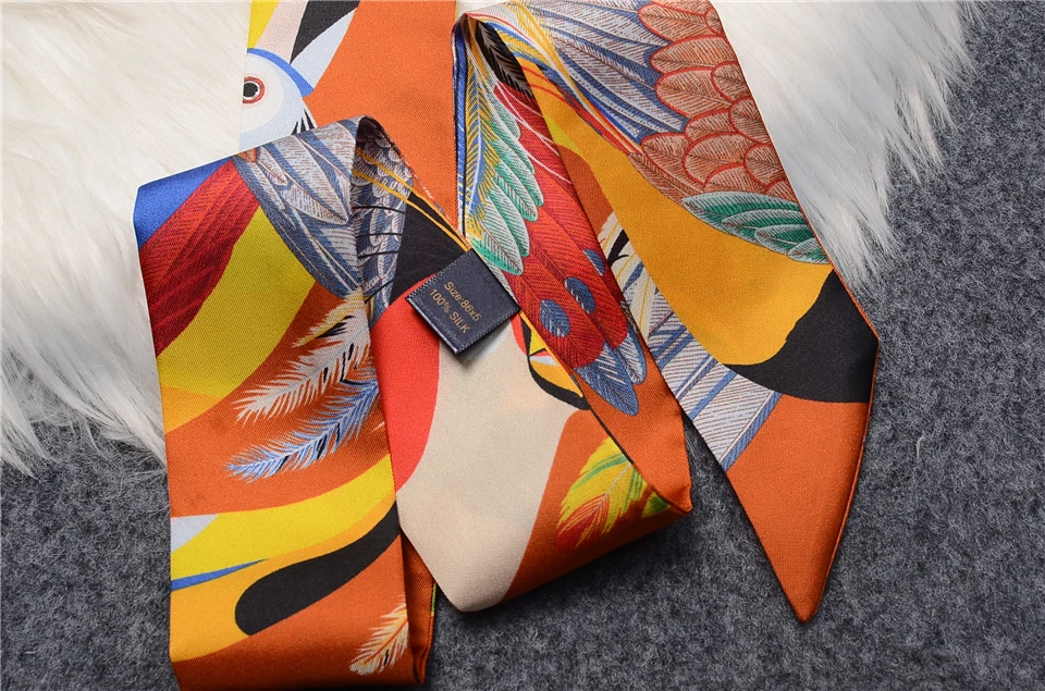 Brand 100% Real Silk Scarf Women 2023 Design Feather Summer Natural Mulberry Silk Scarf Foulard Hair & Bag Scarves Neckerchief