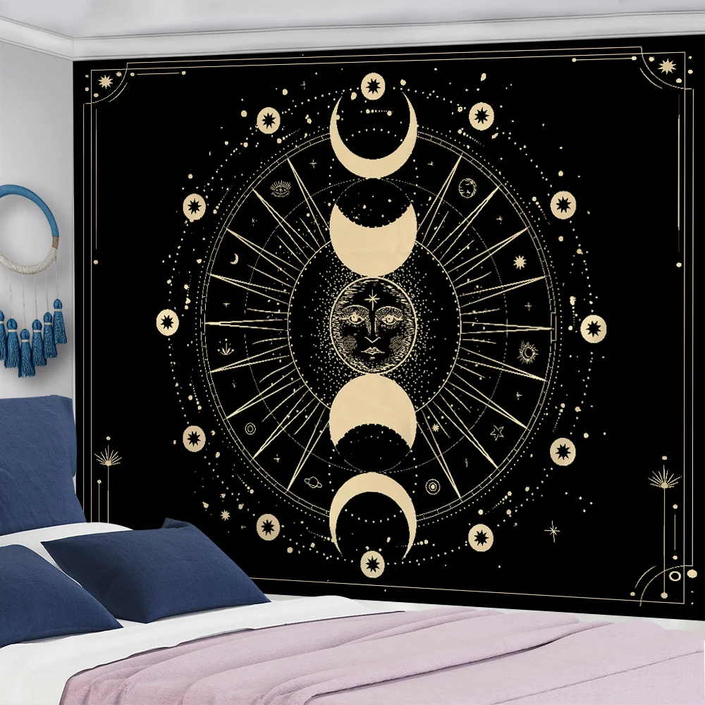 

Golden Sun Moon Tapestry Wall Hanging Mandala Boho Printed Psychedelic Tapiz Witchcraft Wall Cloth Tapestries