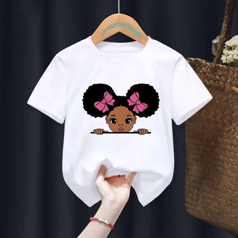 Afro Girl Print Boys/Girls White T-shirt Kid Summer Harajuku Kawaii Funny Clothes Little Baby Y2K Clothes,Drop Ship