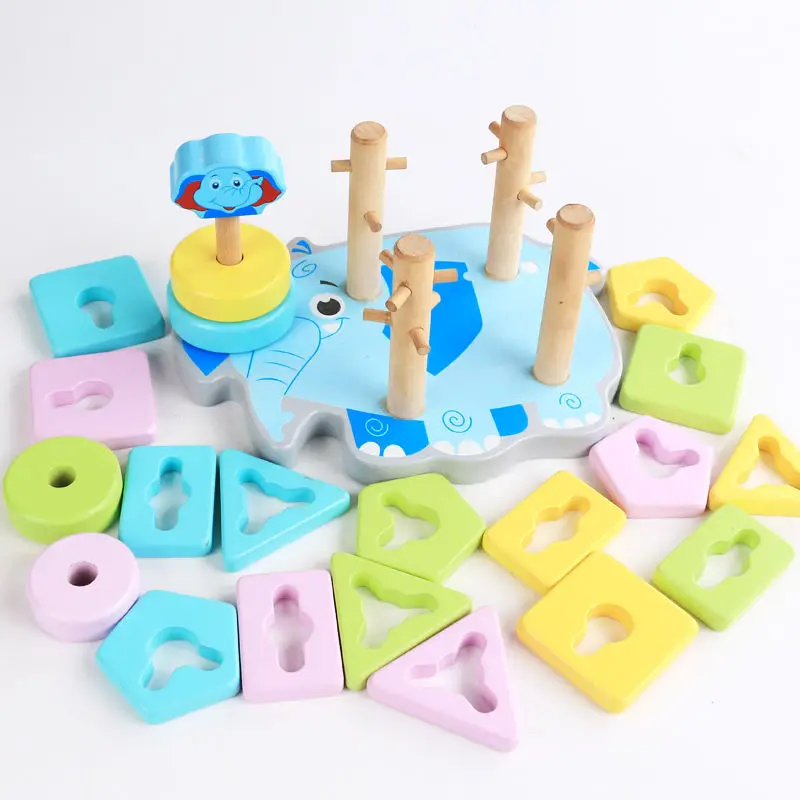 Building Block Toy Cartoon Animal Elephant Shape Matching Column Tower Toy Kids Early Education Interactive Building Blocks