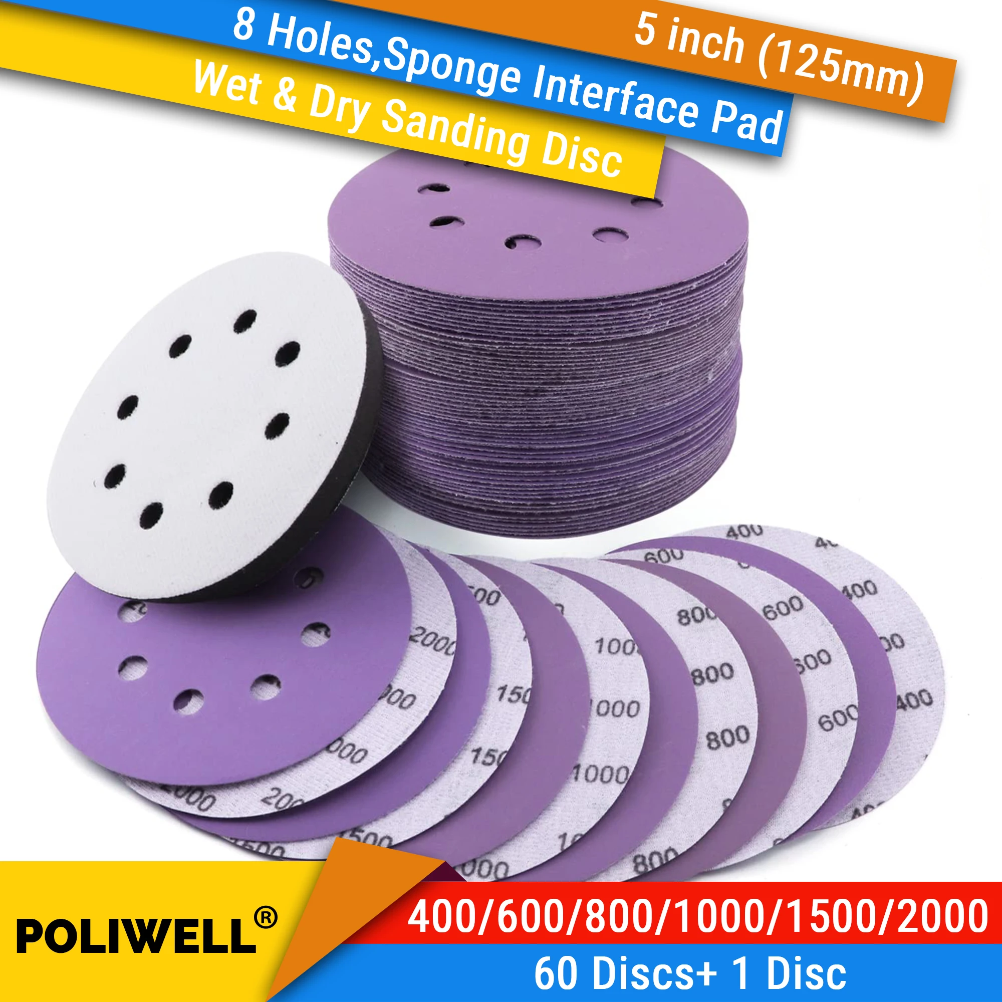 60PCS 5 Inch 8 Holes Sanding Discs Purple Film Orbital Sander Hook and Loop 8 Hole Wet Dry Sandpaper Assorted with Interface Pad