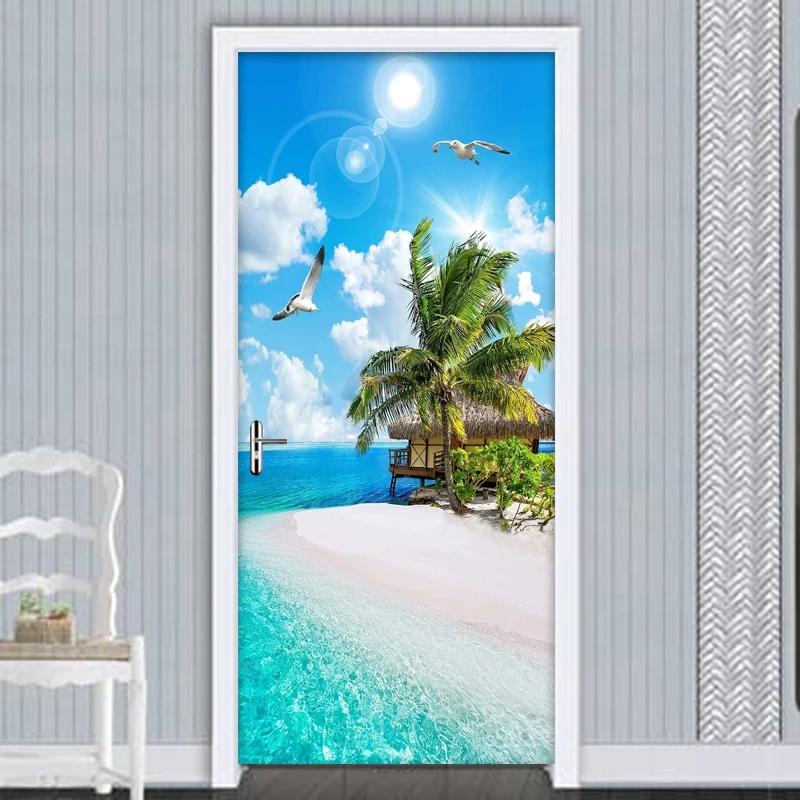 Sandy Beach Seascape 3D Door Sticker PVC Waterproof Self-adhesive Mural Wall Decals Living Room Bedroom Door Stickers Wallpaper