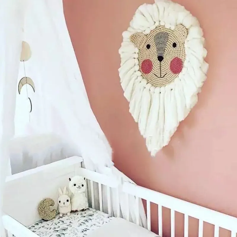 

Kids Room Decoration Ornaments Hand Woven Lion/Sheep Hanging Animal Head Wall Decor Cotton Thread Weaving Photo Props Baby Gift