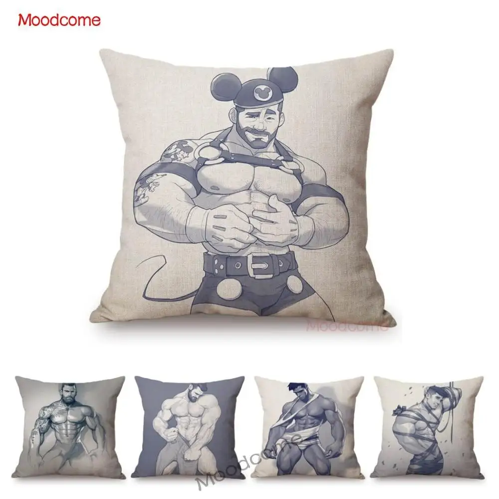 Black White Sketch Sexy Hot Man Guy LGBT Gay Art Home Decorative Sofa Throw Pillow Case  Muscled Hunk Men Tempting Cushion Cover