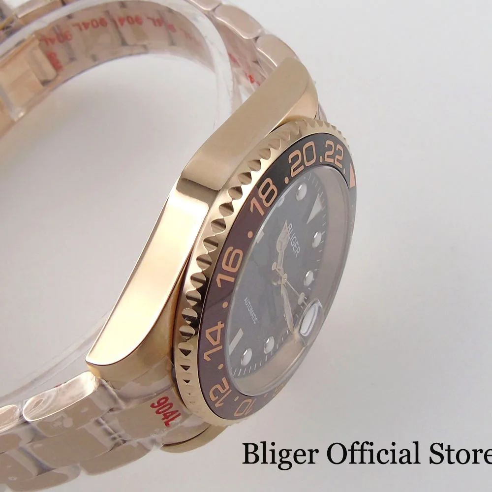 BLIGER PT5000 NH35A Rose Gold Automatic Men Watch Jubilee Steel Band Black Coffee GMT Insert Date Magnifier Screw Crown