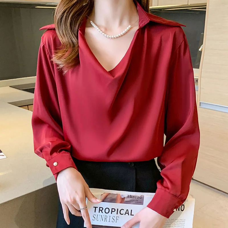 Women Tops and Blouses Shirts New Fashion Clothing Female Satin White Long Sleeve Red Elegantes Spliced Pile Collar Chiffon 2701