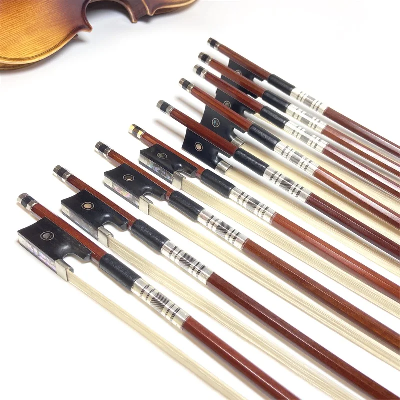 10pcs Nice balance Brazilwood 4/4,3/4,1/2,1/4 violin bow Fiddle Bow,ebony frog,white horesehair horsetail