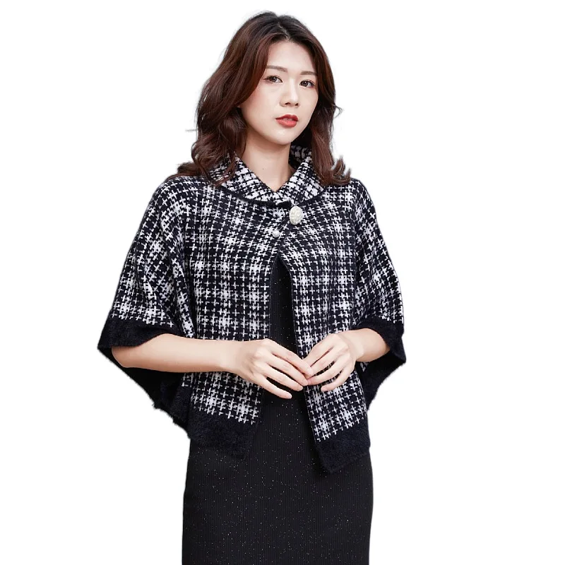 Factory Direct Sale Mink Fur Feeling Warm Plaid Capes Pashmere Wraps Shawls Square Pattern Short Winter Poncho For Women Coat