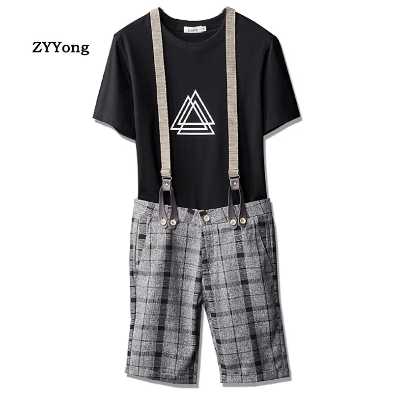 New Summer Thin Section Stripe Lattice Men's Shorts Bib Overalls Fashion Leisure Gentleman Style  Slim Jumpsuits Pants Size 38