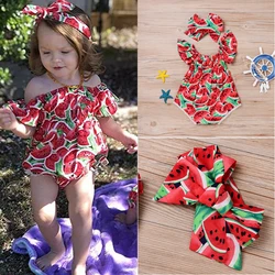 Newborn Baby Girls Clothes Watermelon print short sleeve round neck Bodysuit Bowknot Headband 2pc cotton casual summer set