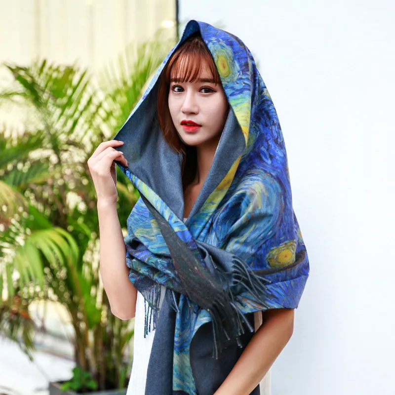 

Two Sides New Cashmere scarf Fashion women Star sky Oil Painting Digital Printing shawl and wraps bandana female foulard tassel